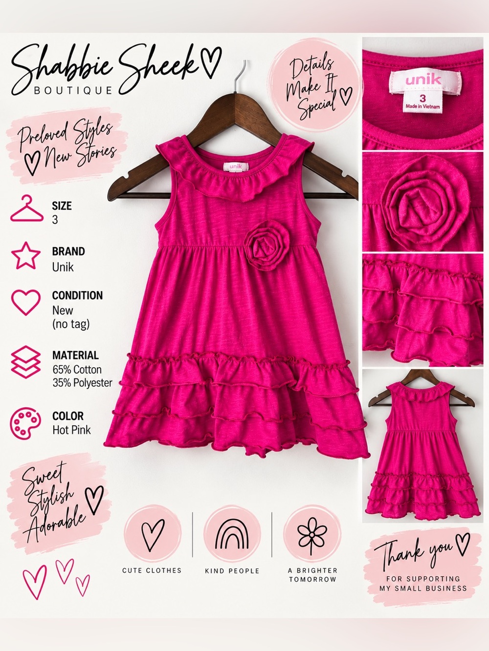 Unik Girls Size 3 Hot Pink Ruffle Tiered Dress with Flower Detail
